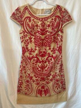 Almatrichi Madrid Red Embroidered Nude Mesh Cap Sleeve Mini Dress Size 40